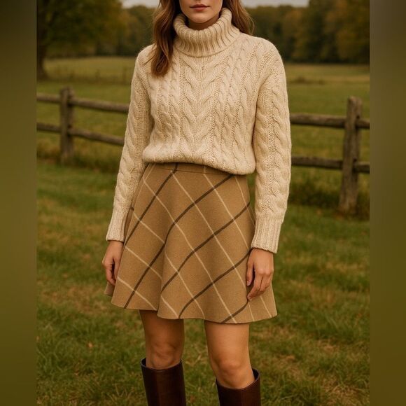 Catherine Malandrino Wool Blend Plaid A-Line Knee Length Skirt Size 4 Beige - Picture 1 of 6